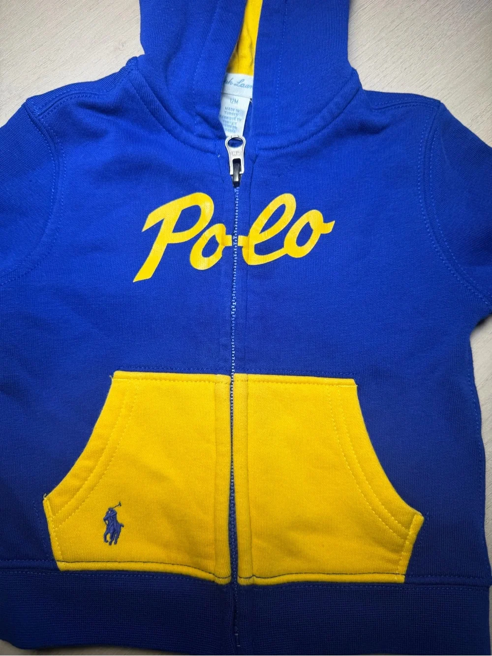 Ralph Lauren Blue and Yellow Hooded Zip Polo Sweatshirt